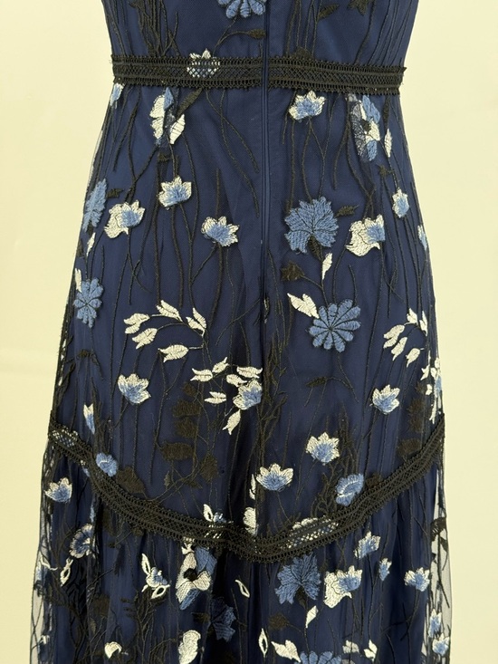 Monique Lhuillier Navy Blue Floral Embroidered Lace Midi Evening Cocktail Dress - Picture 11 of 16